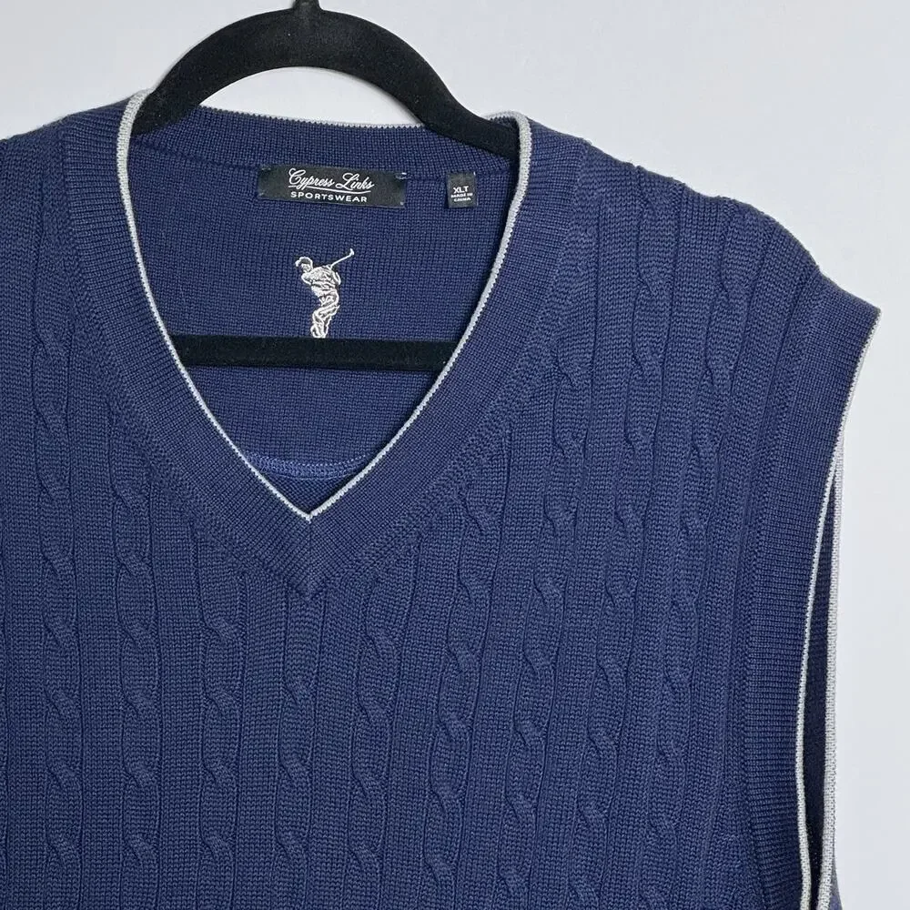 Golf Sweater Vest Mens XLT Tall Blue Cable Knit V-Neck Preppy Golf Country Club